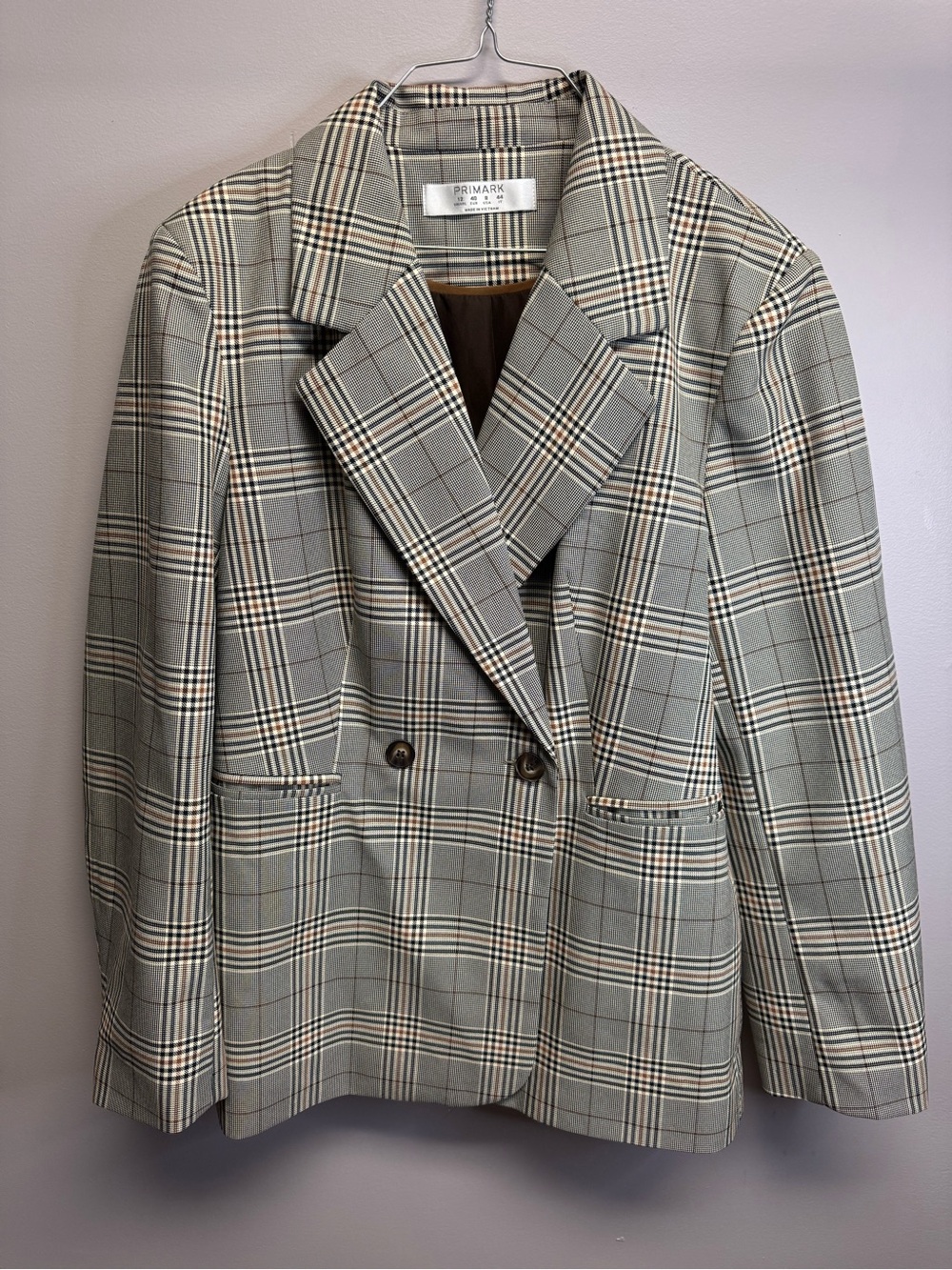 Primark Women's Grey Plaid Oversized Double-Breasted Blazer